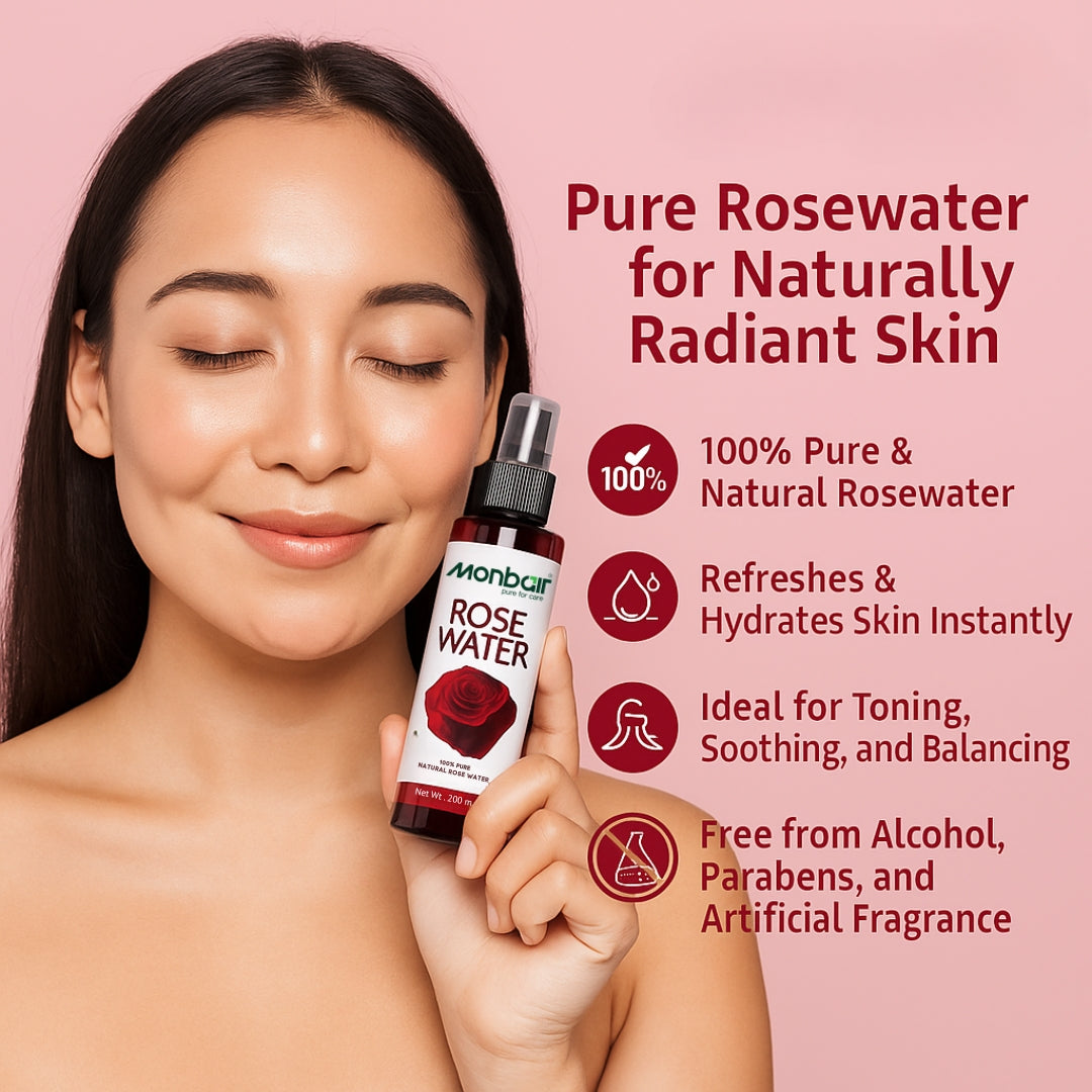 MONBAIR 100% Natural Rose Water Face Toner|Hydrating |Tightens Pores| For All Skin Types Men & Women (200 ml)
