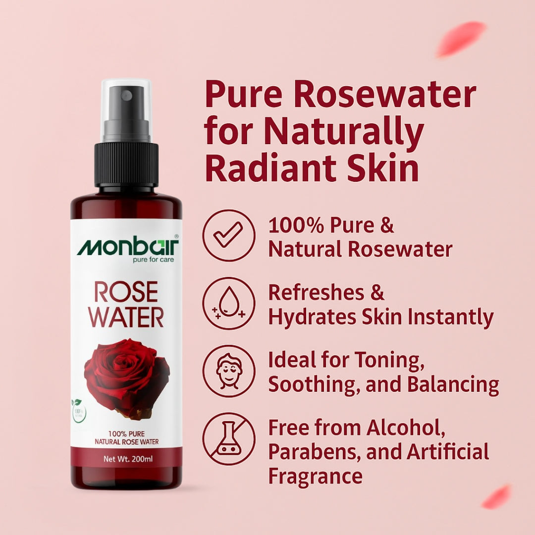MONBAIR 100% Natural Rose Water Face Toner|Hydrating |Tightens Pores| For All Skin Types Men & Women (200 ml)