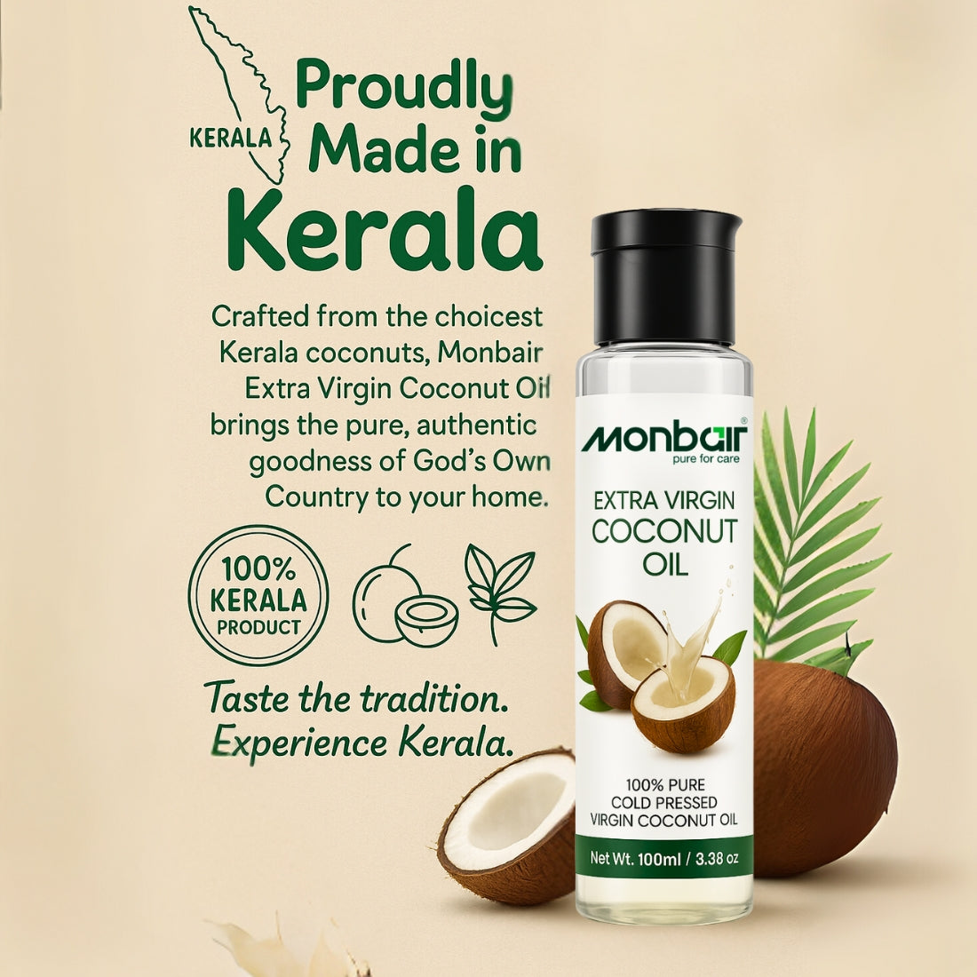 MONBAIR Virgin Coconut Oil | Cold Pressed, 100% Pure Natural | Hair, Body, Baby Massage (100 ml)