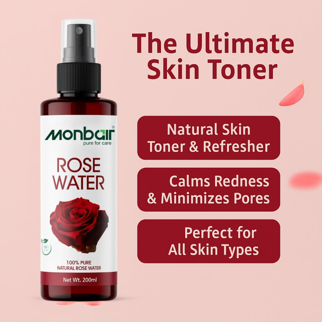 MONBAIR 100% Natural Rose Water Face Toner|Hydrating |Tightens Pores| For All Skin Types Men & Women (200 ml)