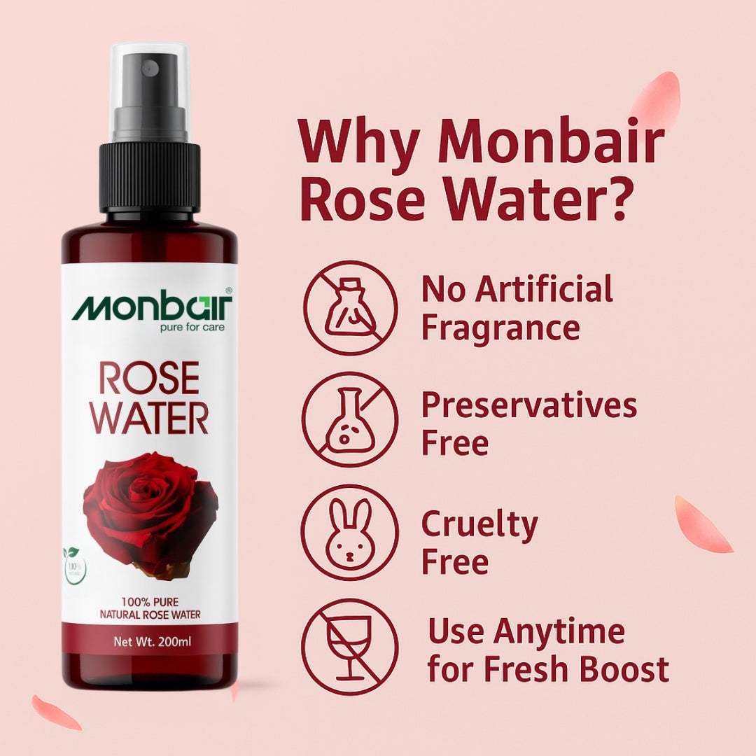 MONBAIR 100% Natural Rose Water Face Toner|Hydrating |Tightens Pores| For All Skin Types Men & Women (200 ml)