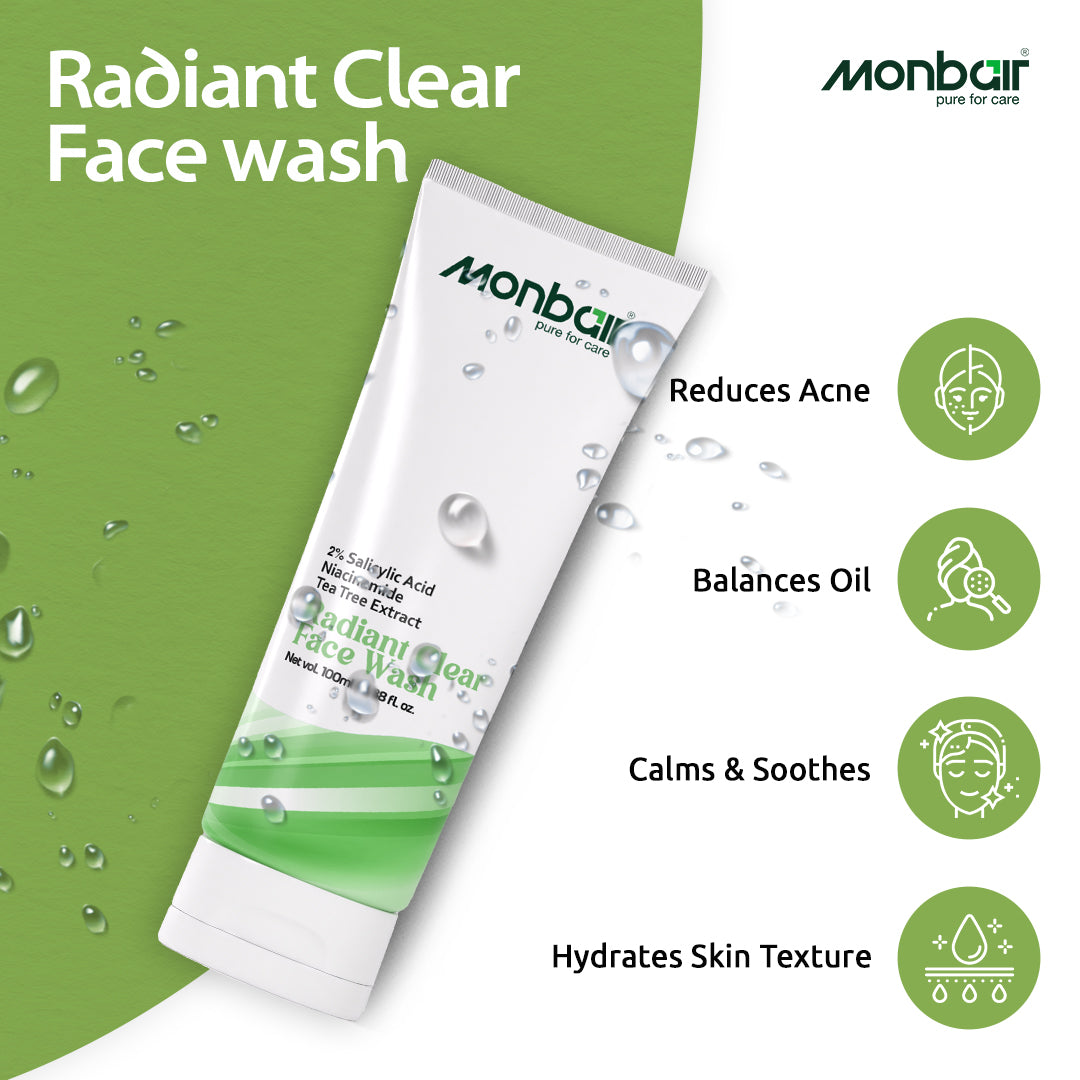 Radiant Clear Face Wash with 2% Salicylic Acid For Oily Skin | Sulphate free, Anti Acne Face Cleanser With LHA & Zinc For Acne or Pimples | For Women & Men | 100 ml