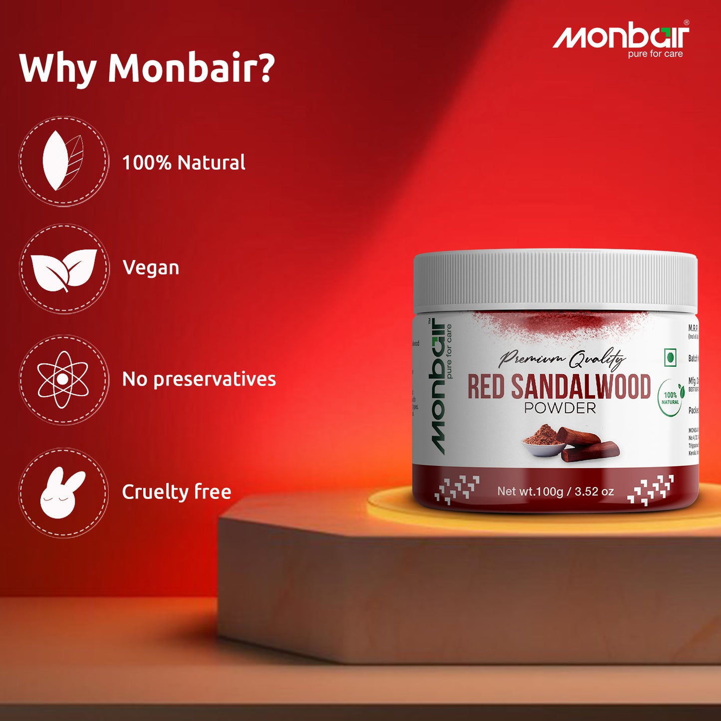MONBAIR Premium Quality Organic Red Sandalwood Powder (100g)