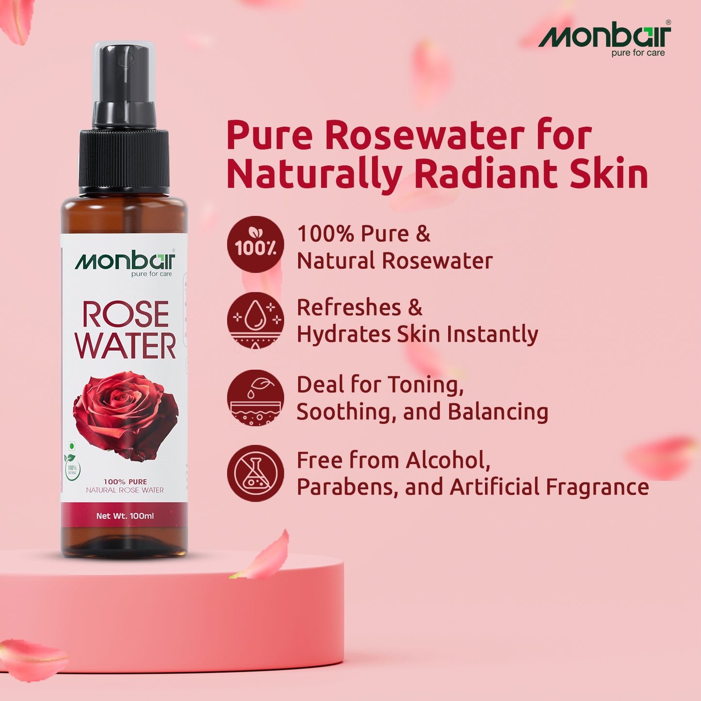 MONBAIR 100% Natural Rose Water Face Toner|Hydrating |Tightens Pores| For All Skin Types Men & Women (100 ml)