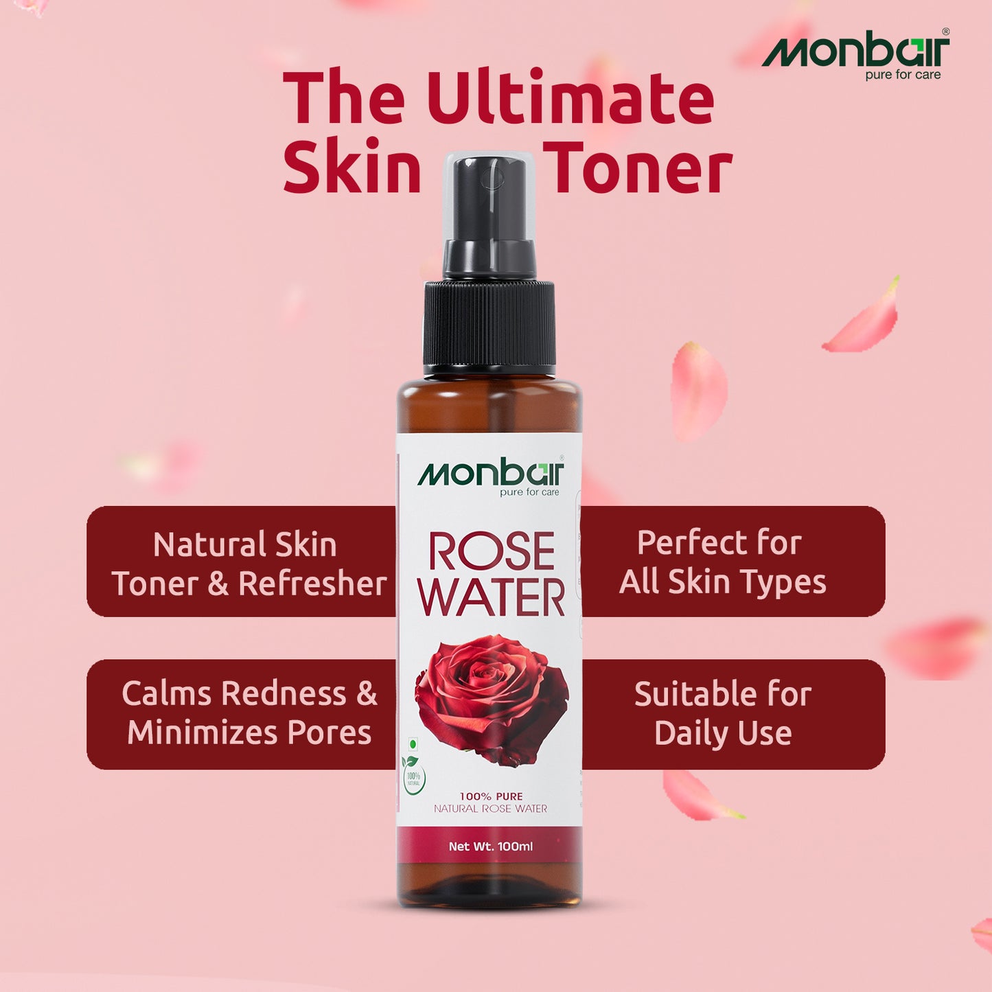 MONBAIR 100% Natural Rose Water Face Toner|Hydrating |Tightens Pores| For All Skin Types Men & Women (100 ml)