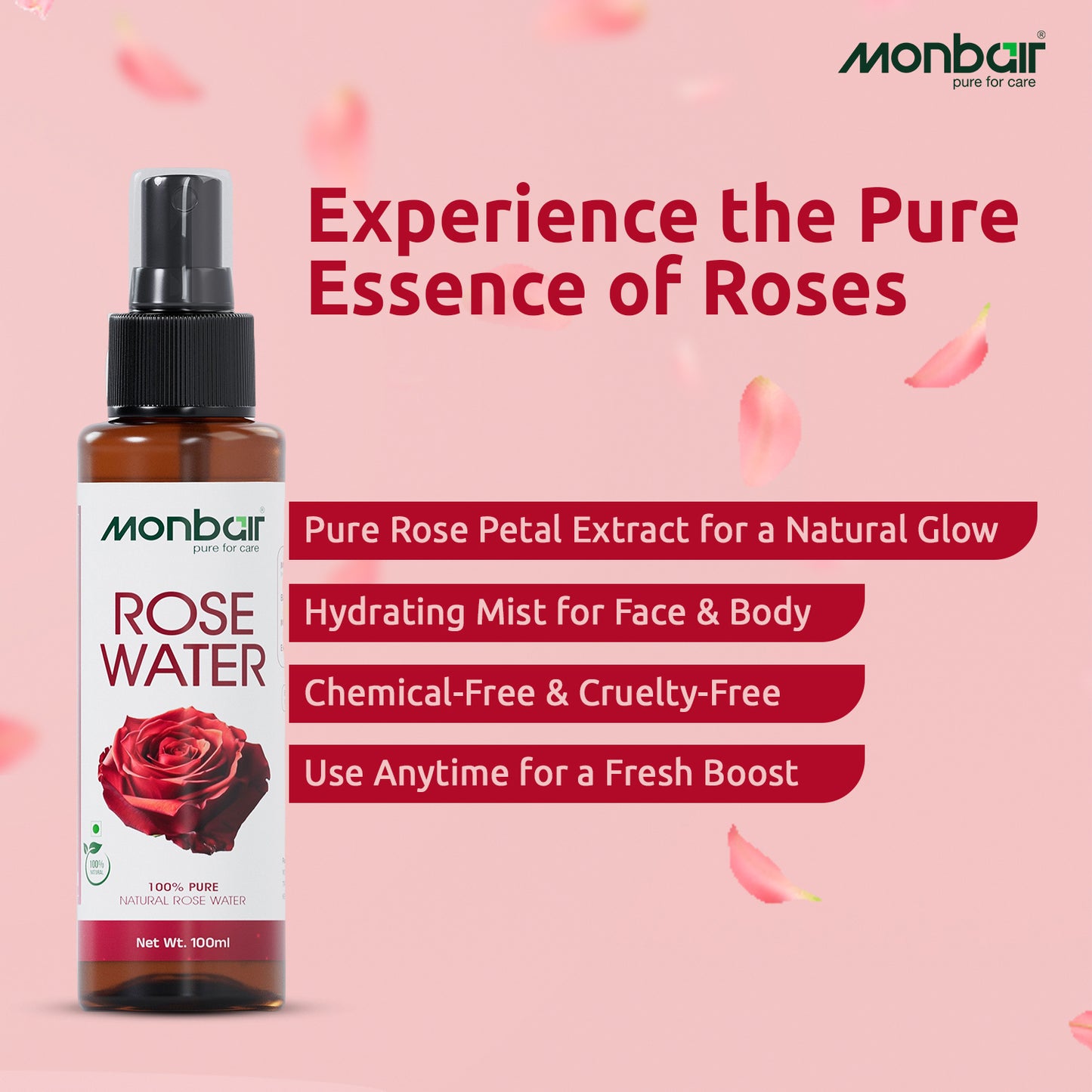 MONBAIR 100% Natural Rose Water Face Toner|Hydrating |Tightens Pores| For All Skin Types Men & Women (100 ml)