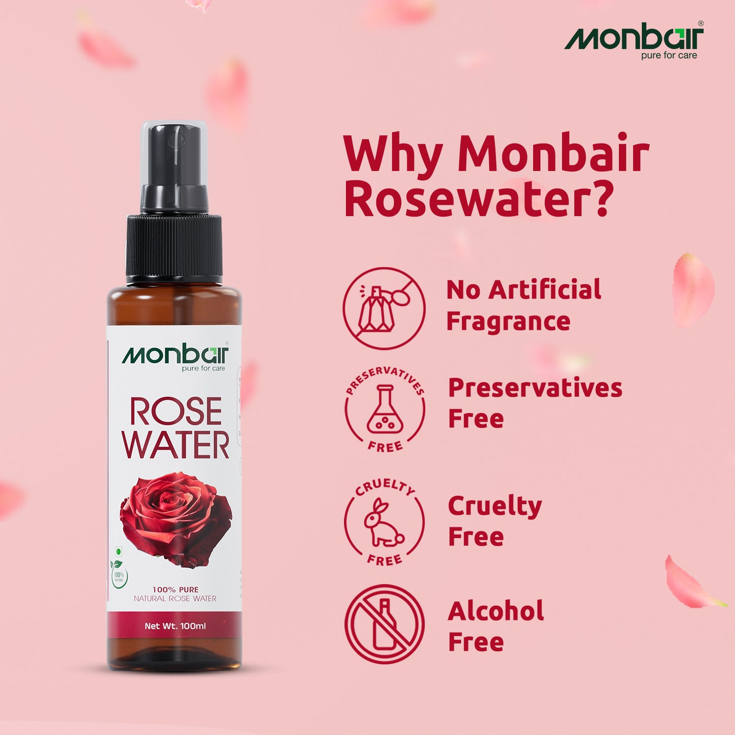 MONBAIR 100% Natural Rose Water Face Toner|Hydrating |Tightens Pores| For All Skin Types Men & Women (100 ml)