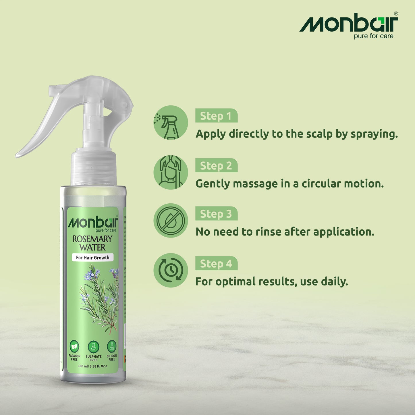 Monbair Rosemary Water for Hair Growth - Infused with Bhringraj, Brahmi, Ashwagandha, Neem, and Tea Tree Oil | Paraben-Free, Sulfate-Free, Silicone-Free - 100 ml
