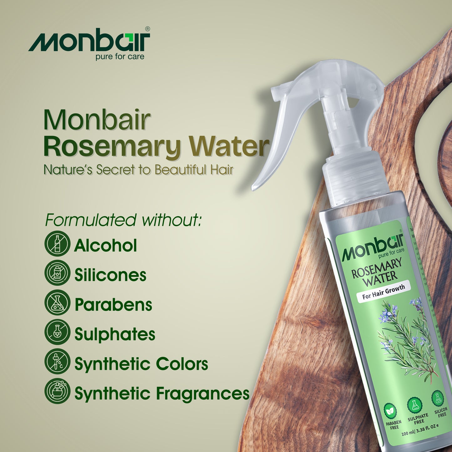 Monbair Rosemary Water for Hair Growth - Infused with Bhringraj, Brahmi, Ashwagandha, Neem, and Tea Tree Oil | Paraben-Free, Sulfate-Free, Silicone-Free - 100 ml