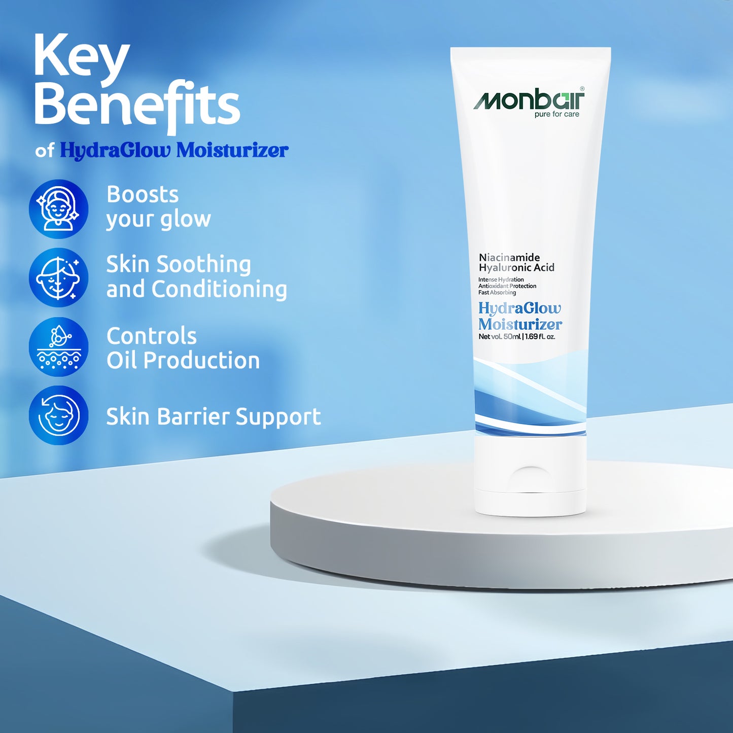 MONBAIR Moisturizing Cream for All Skin Types | Hydra Glow Hyaluronic acid (Pack of 2) (50 ml)