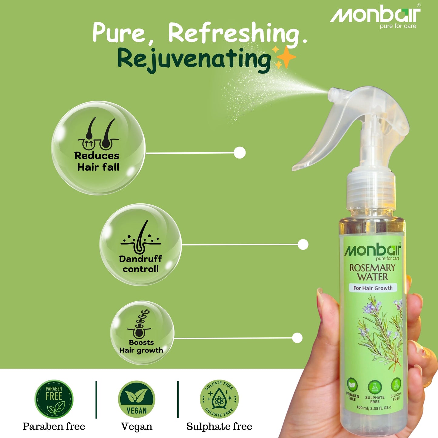 Monbair Rosemary Water for Hair Growth - Infused with Bhringraj, Brahmi, Ashwagandha, Neem, and Tea Tree Oil | Paraben-Free, Sulfate-Free, Silicone-Free - 100 ml