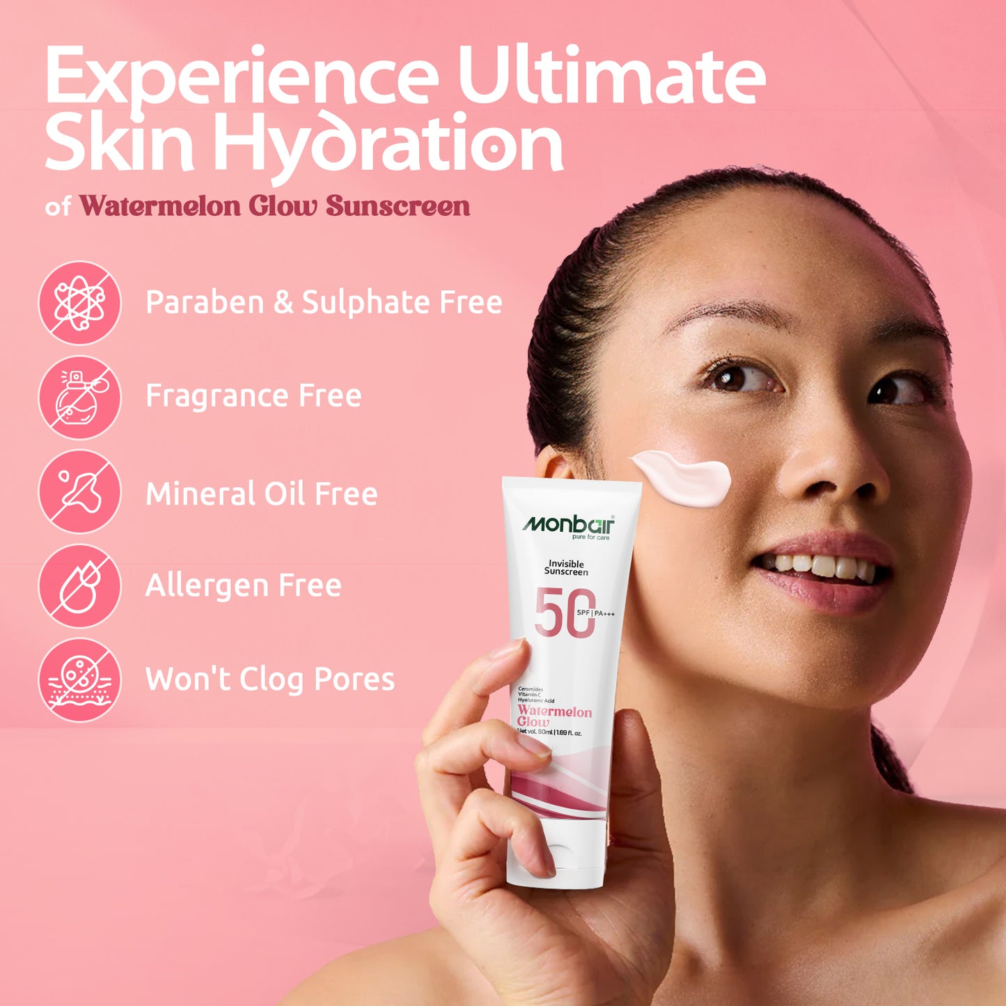 MONBAIR Sunscreen - SPF 50 PA+++ Invisible Sunscreen | Watermelon Glow | Broad Spectrum | (Pack of 2) (50 ml)