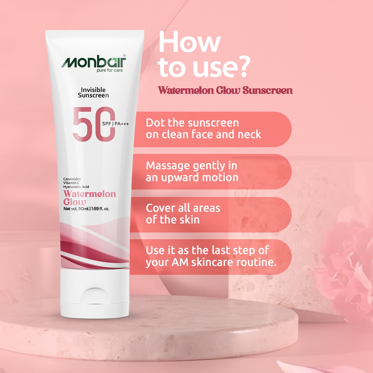 MONBAIR Sunscreen - SPF 50 PA+++ Invisible Sunscreen | Watermelon Glow | Broad Spectrum | (Pack of 2) (50 ml)
