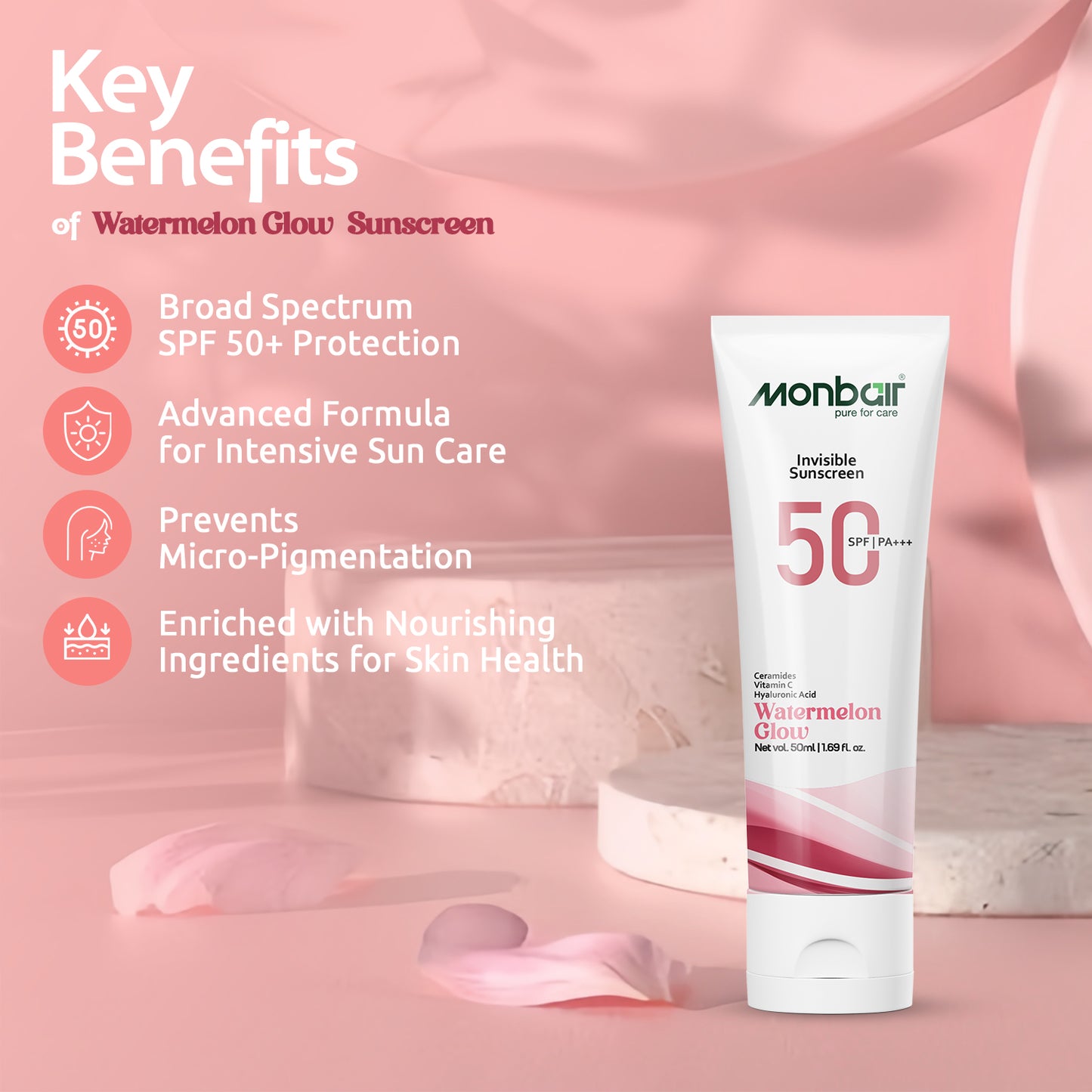 MONBAIR Sunscreen - SPF 50 PA+++ Invisible Sunscreen | Watermelon Glow | Broad Spectrum | (Pack of 2) (50 ml)