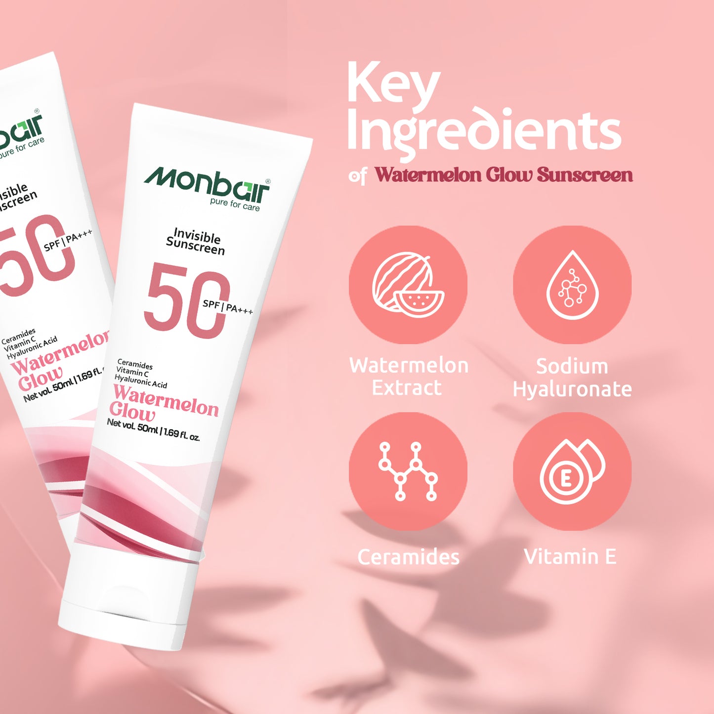 MONBAIR Sunscreen - SPF 50 PA+++ Invisible Sunscreen | Watermelon Glow | Broad Spectrum | (Pack of 2) (50 ml)