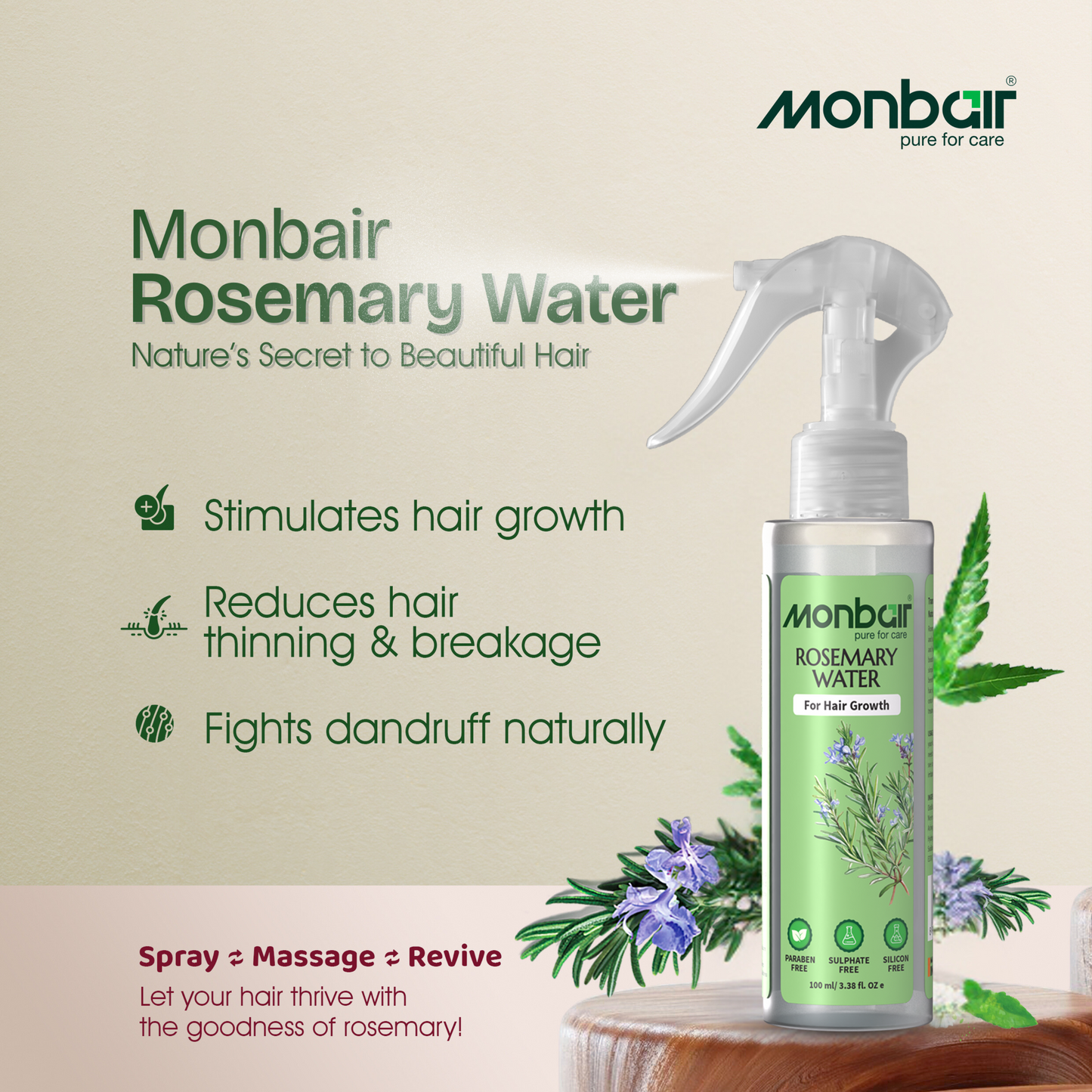 Monbair Rosemary Water for Hair Growth - Infused with Bhringraj, Brahmi, Ashwagandha, Neem, and Tea Tree Oil | Paraben-Free, Sulfate-Free, Silicone-Free - 100 ml