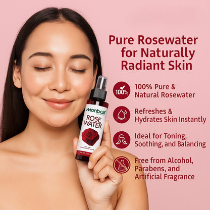 MONBAIR 100% Natural Rose Water Face Toner|Hydrating |Tightens Pores| For All Skin Types Men & Women  (200 ml)