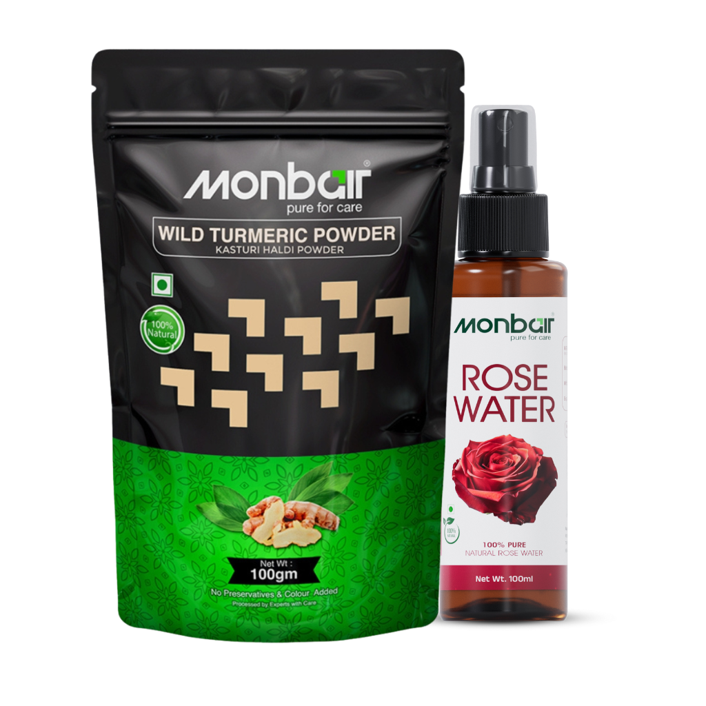 Wild Turmeric Powder (100g) with Rose Water (100ml) | Kasturi Haldi Face Pack Combo for Bright & Clear Skin