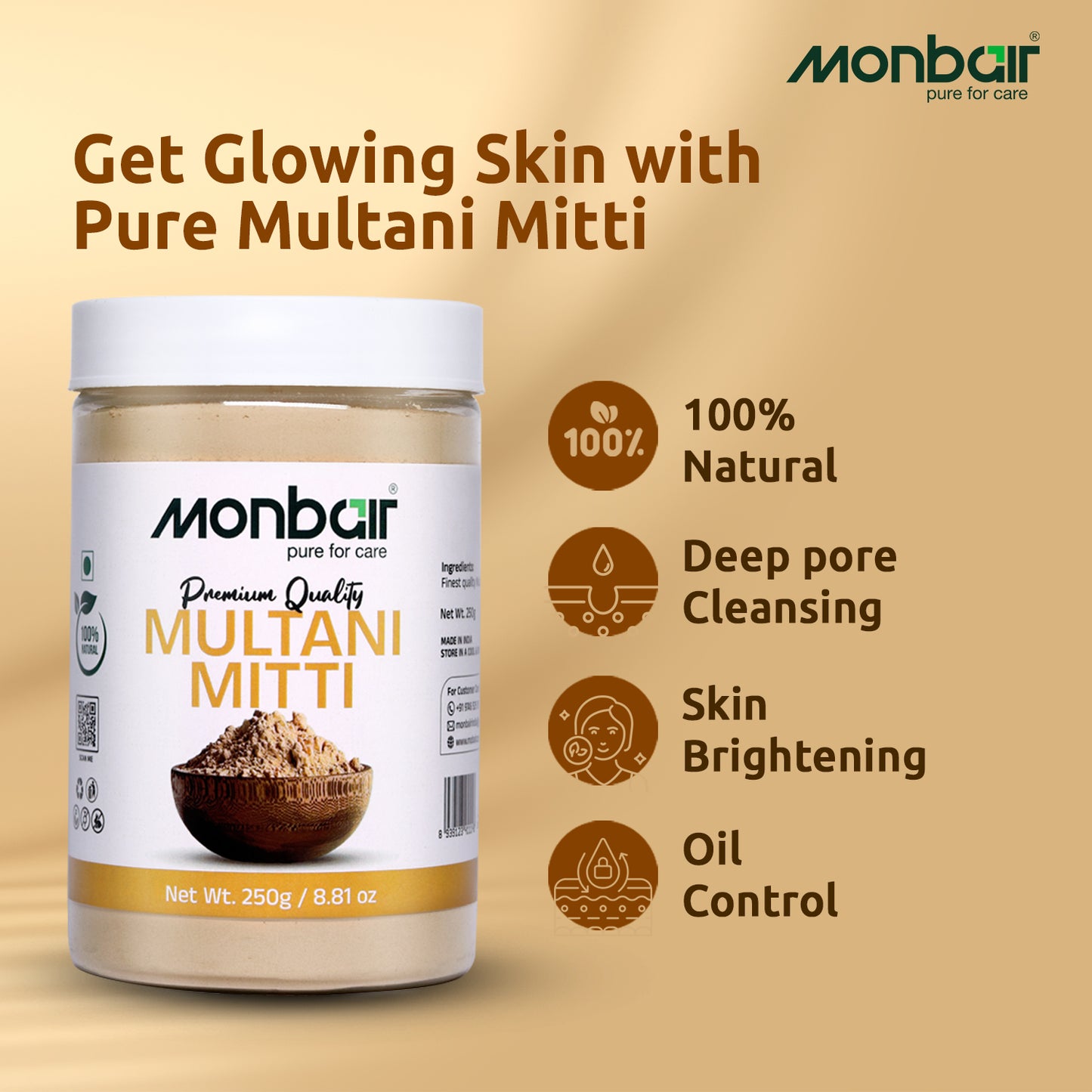 MONBAIR Premium Quality Organic Multani Mitti Powder 250 Grams (250 g)