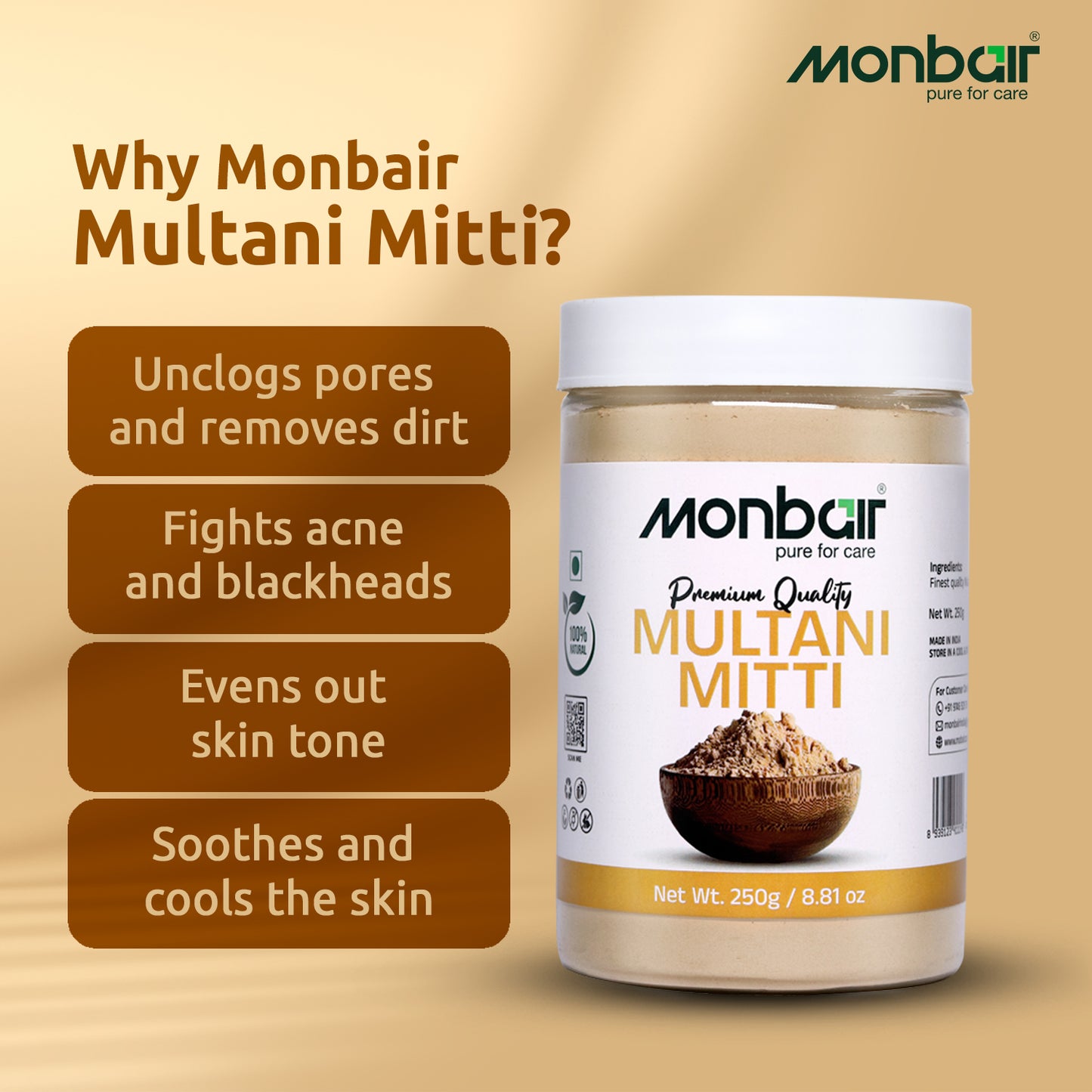 MONBAIR Premium Quality Organic Multani Mitti Powder 250 Grams (250 g)