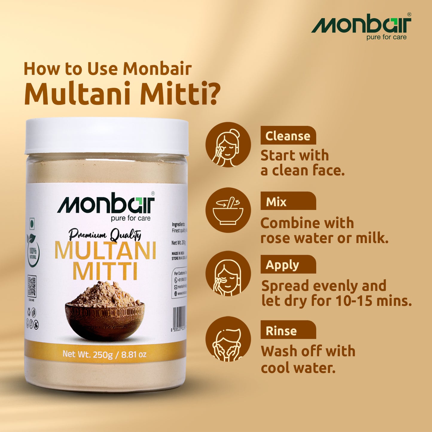 MONBAIR Premium Quality Organic Multani Mitti Powder 250 Grams (250 g)