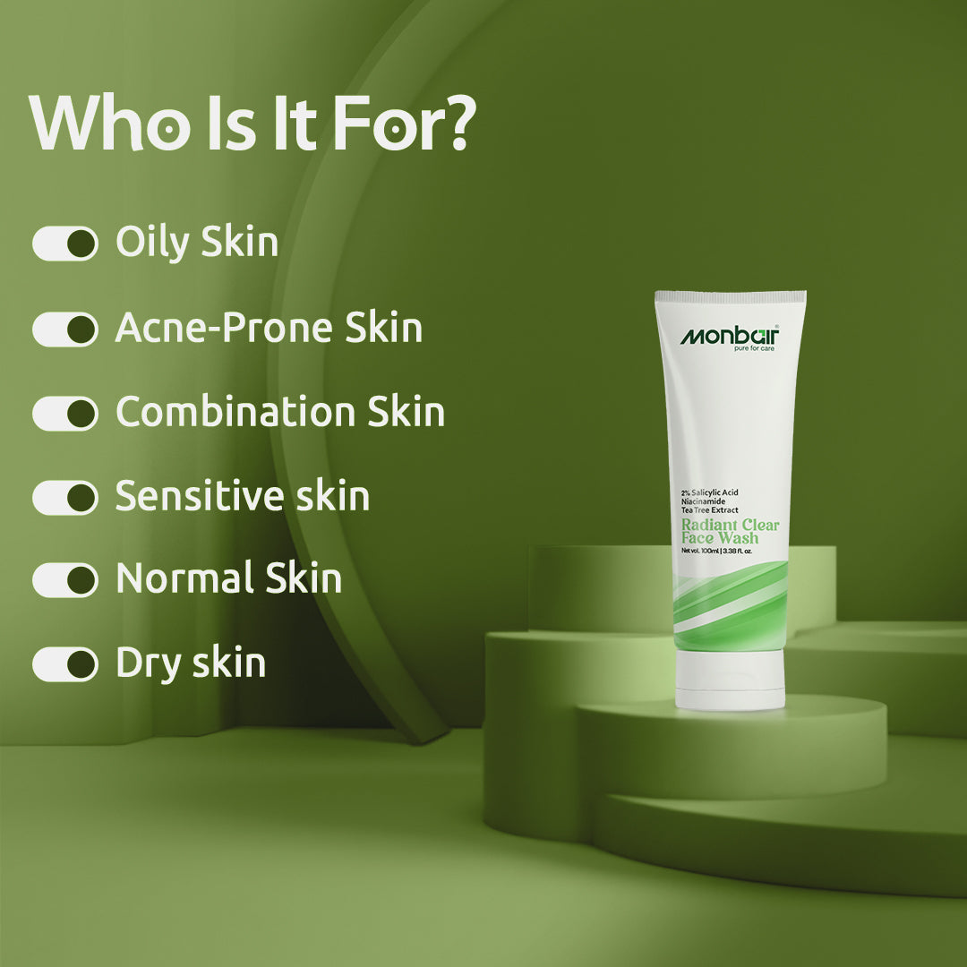 Radiant Clear Face Wash with 2% Salicylic Acid For Oily Skin | Sulphate free, Anti Acne Face Cleanser With LHA & Zinc For Acne or Pimples | For Women & Men | 100 ml