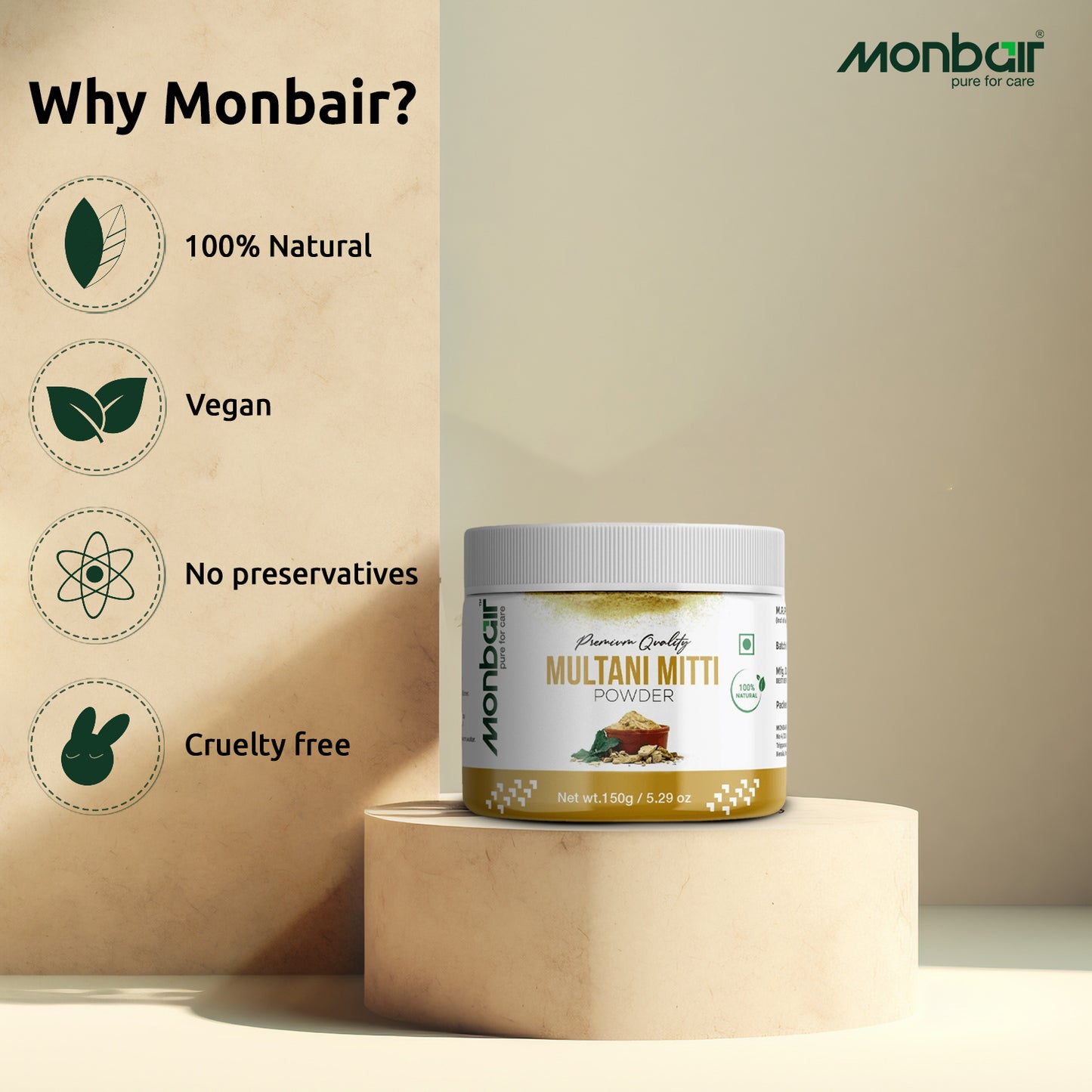 MONBAIR Premium Quality Organic Multani Mitti Powder 150 Grams (150 g)