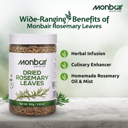 Monbair 100% Natural Dried Rosemary Leaves, 100g for Cooking, Seasoning, Herbal Tea, Skincare, Hair Care, and Aromatherapy | Resealable Freshness Jar