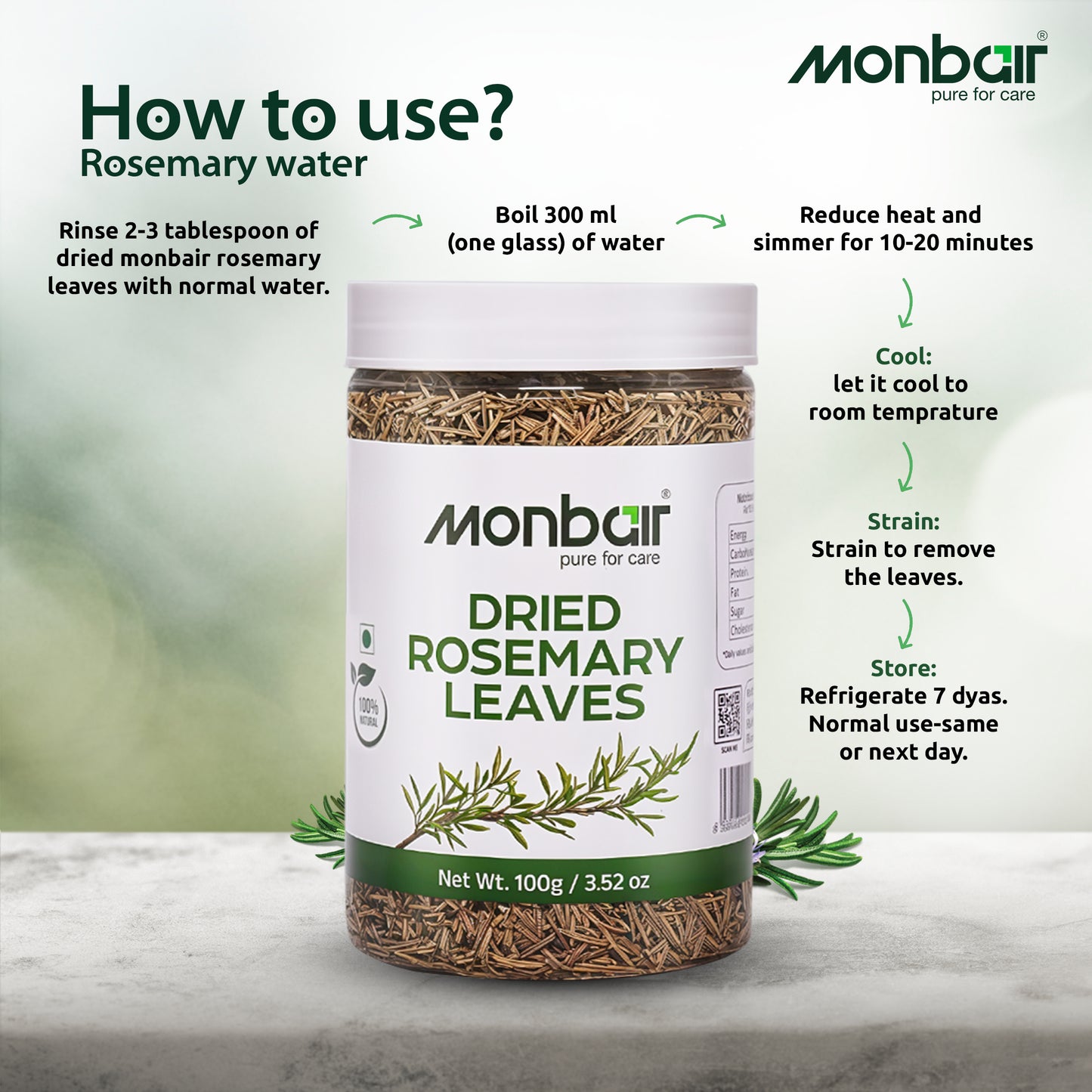 Monbair 100% Natural Dried Rosemary Leaves, 100g for Cooking, Seasoning, Herbal Tea, Skincare, Hair Care, and Aromatherapy | Resealable Freshness Jar