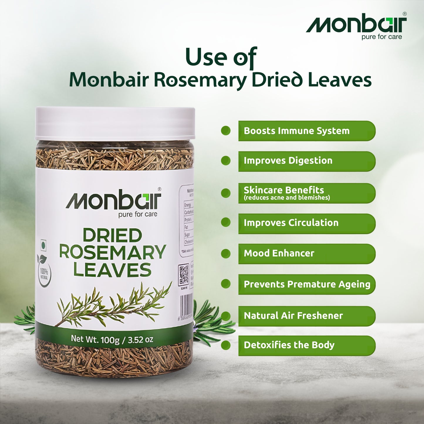 Monbair 100% Natural Dried Rosemary Leaves, 100g for Cooking, Seasoning, Herbal Tea, Skincare, Hair Care, and Aromatherapy | Resealable Freshness Jar