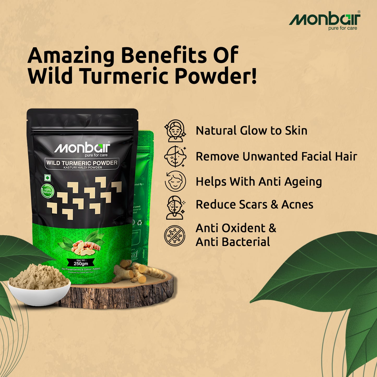 MONBAIR Wild turmeric powder | Kasturi turmeric | kasturi haldi powder 250 g