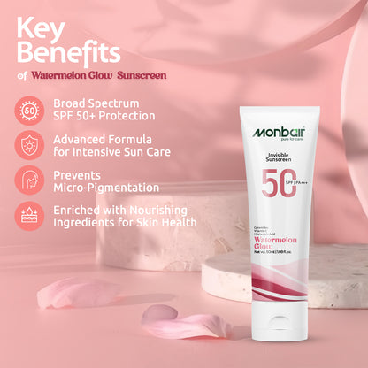 MONBAIR Watermelon Glow Sunscreen SPF 50 PA+++ | Broad Spectrum UVA/UVB Protection, 50 ml