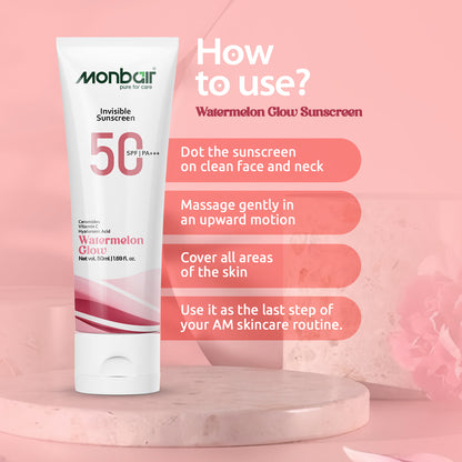 MONBAIR Watermelon Glow Sunscreen SPF 50 PA+++ | Broad Spectrum UVA/UVB Protection, 50 ml