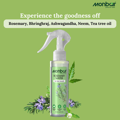 Monbair Rosemary Water combo for Hair Growth - Infused with Bhringraj, Brahmi, Ashwagandha, Neem, and Tea Tree Oil | Paraben-Free, Sulfate-Free, Silicone-Free - 100 ml pack of 2