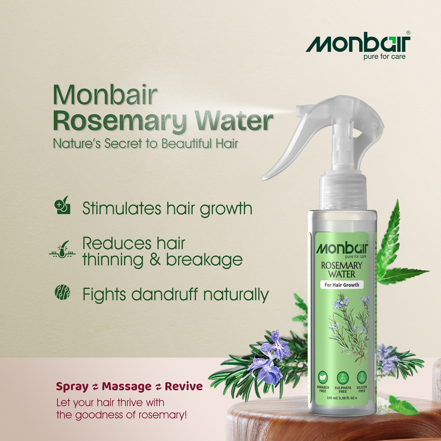 Monbair Rosemary Water combo for Hair Growth - Infused with Bhringraj, Brahmi, Ashwagandha, Neem, and Tea Tree Oil | Paraben-Free, Sulfate-Free, Silicone-Free - 100 ml pack of 2